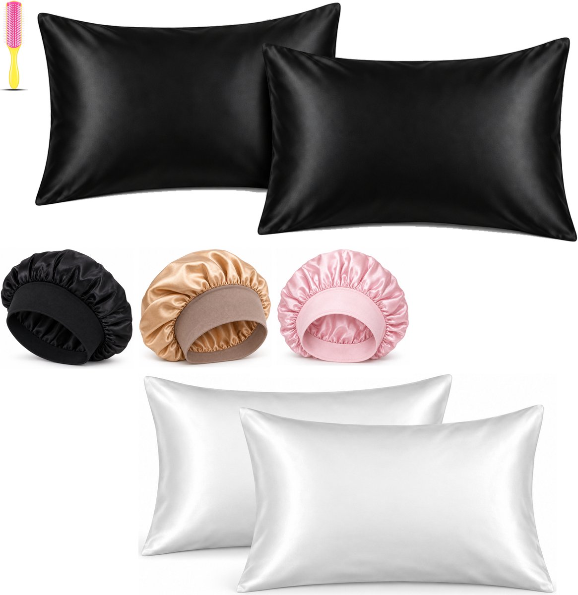 Professor Q Haar- en Slaapset - 2 Kussenslopen Wit 60 x 70 cm - 2 Kussenslopen Zwart 60 x 70 cm - Bonnet Roze - Bonnet Zwart - Bonnet Goud - Fusion Pink Borstel