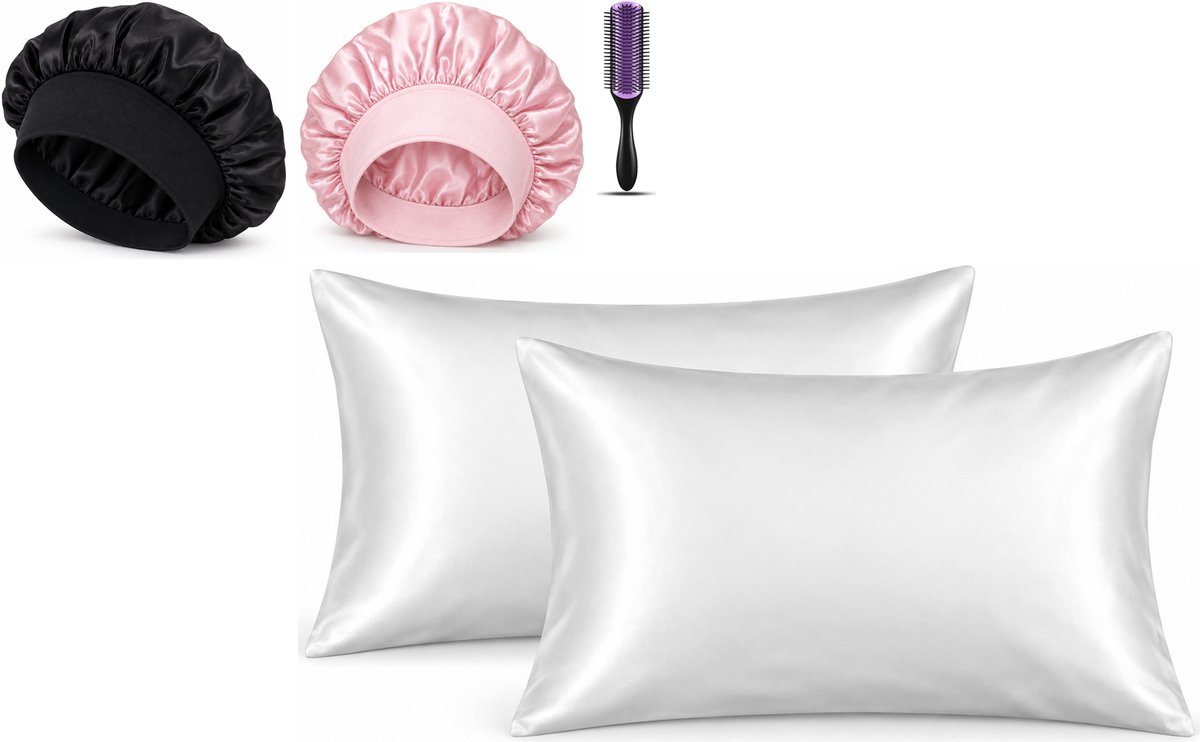 Professor Q Haar- en Slaapset - 2 Kussenslopen Wit 60 x 70 cm - Bonnet Roze - Bonnet Zwart - Purple Black Borstel
