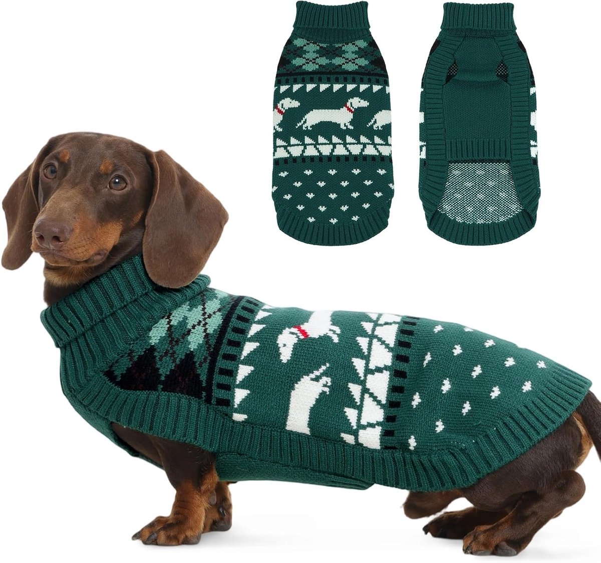 Trui M, schattige hondentrui met teckelpatroon, zachte fleece hondenjas, coltrui voor kleine honden, knus herfst/winter, cadeau, groen