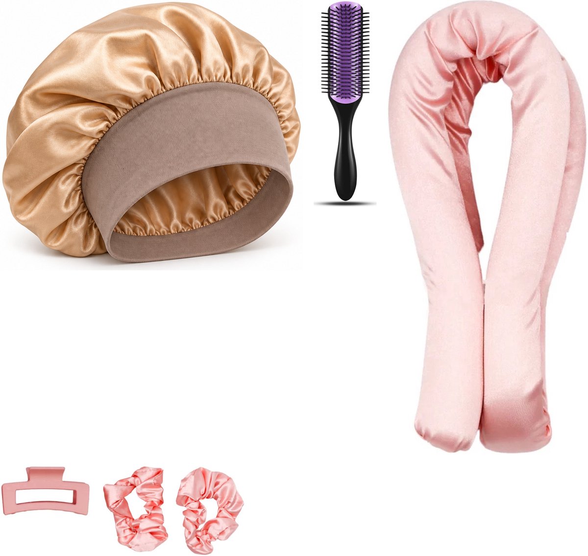 Professor Q Heatless Curls Set - Heatless Curlset met 2 Elastiekjes en Klem - Bonnet Goud - Purple Black Borstel