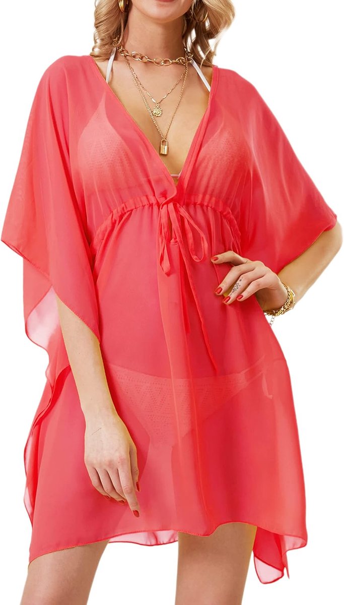soul young Strand Cover ups voor Vrouwen Beachwear Chiffon Sexy Lichtgewicht Badmode Bikini Badpak V-hals Coverup Lady Kimono, roze (hot pink), one size