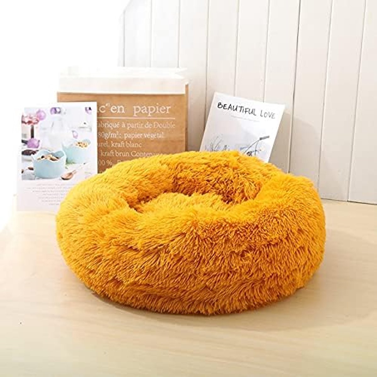 Hond bed sofa puppy kussen mat for katten huis super zachte huisdier kennel wasbare ronde pluche pluizige warme slaapzak kat donut Honden bed (Color : Light Yellow, Grootte : 80CM)