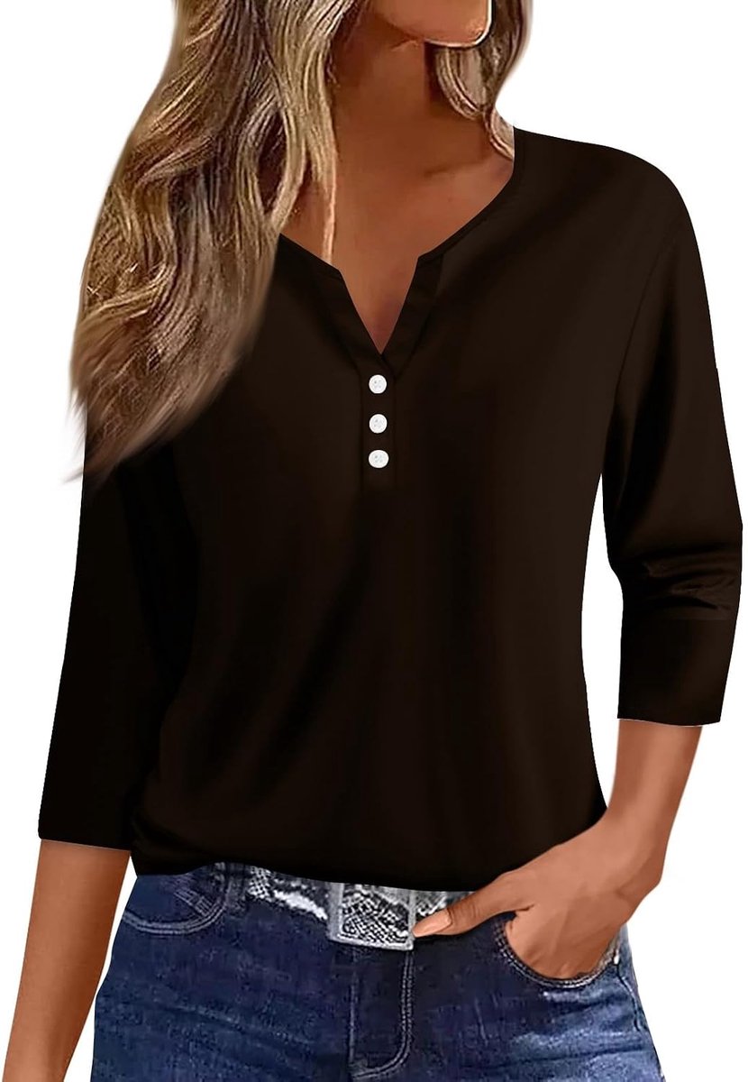 Dames 3/4-mouwen shirt, zomer, casual, V-hals, knoopsluiting, wijd, stretch, licht, basis