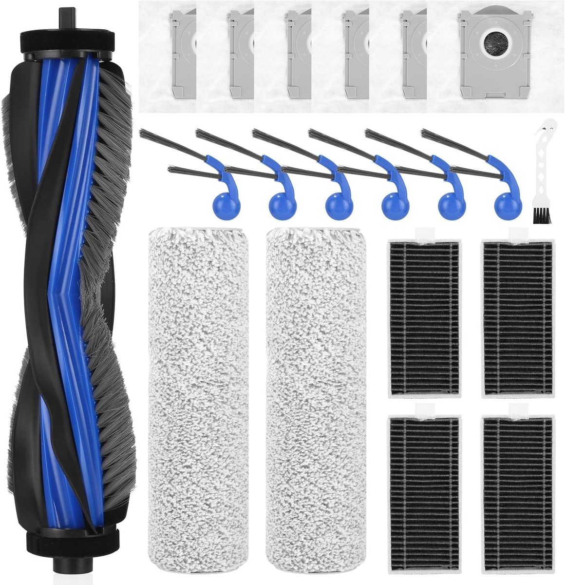 Accessoireset voor ECOVACS DEEBOT T80 Omni stofzuiger, 1 hoofdborstel, 2 rol wischdoeken, 4 HEPA-filters, 6 zijborstels, 6 stofzakken, 1 reinigingsborstel