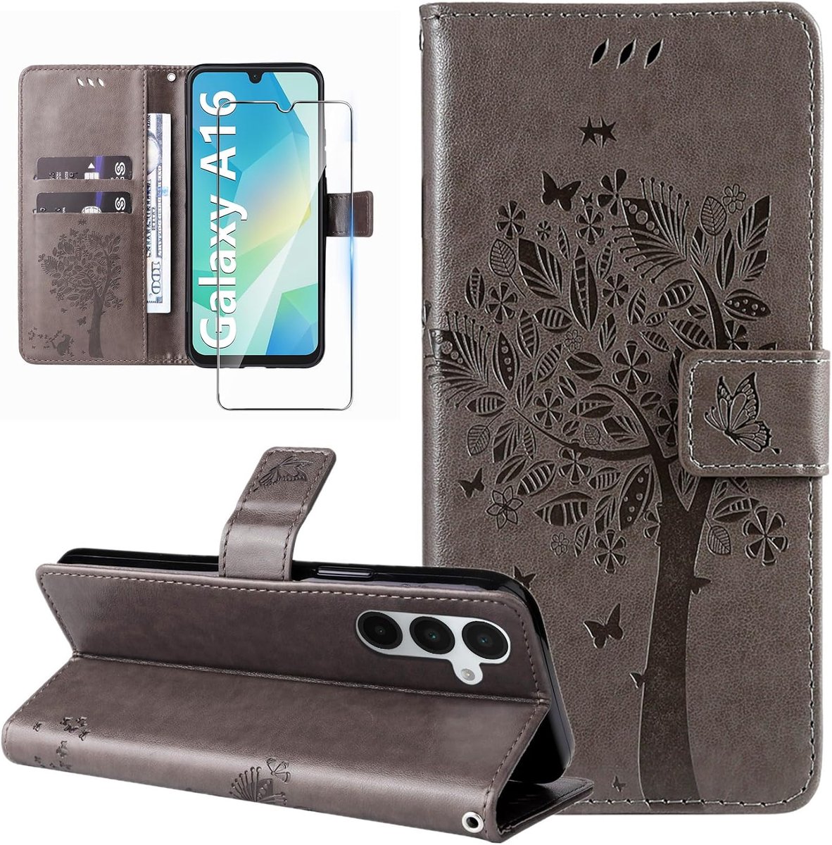 Hoes voor Samsung Galaxy A16 4G/5G, met beschermfolie, kaartvak, motief, patroon, hoes van leer, inklapbaar, klaphoes, cover, flipcase, telefoonhoes, beschermhoes voor Samsung A16 4G/5G - Grijs