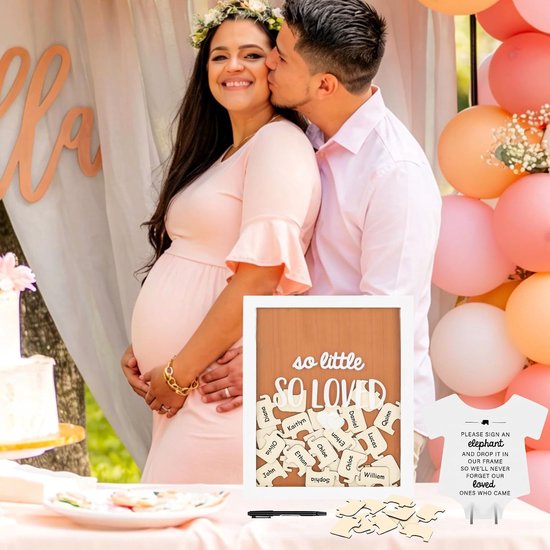gastenboek fotolijst van hout, babyshower decoratie met 50 houten olifantenkaarten om in te vullen, creatief gastenboek, doopboek voor babyshower, decoratie meisjes en jongens — afbeelding 5
