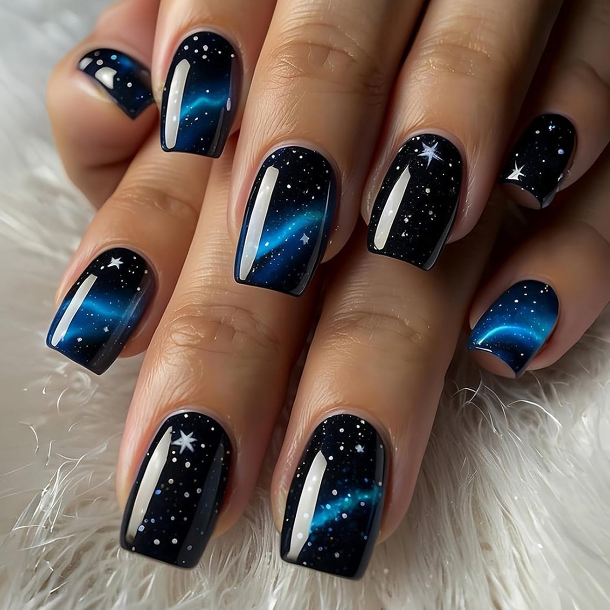 24 stuks kort, vierkant, blauwe sterrenhemel, Franse nagels met lijm, acryl, kunstnagels, volledige afdekking, voor vrouwen en meisjes, 12 maten