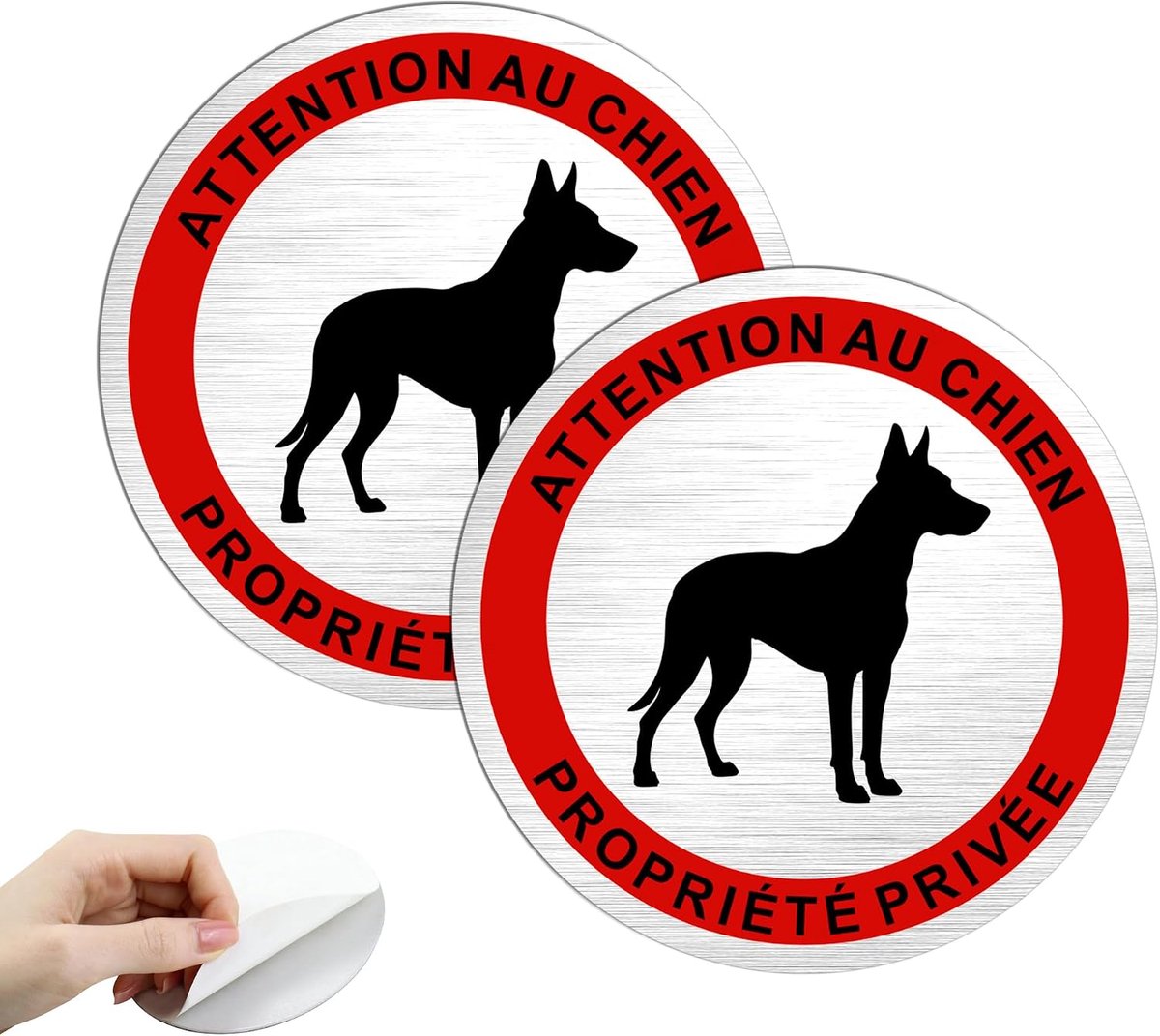 Set van 2 borden Attention au chien, 10 cm, rond aluminium bord, sticker voor privéeigendom, met sterke lijm, ideaal voor poort, deur, hek