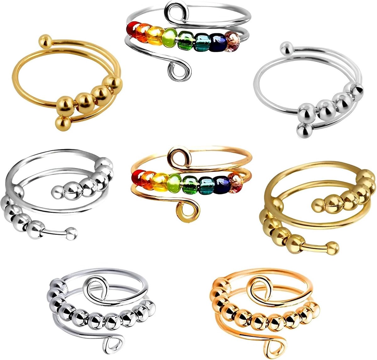 8-delige verstelbare antistressring, duimring tegen angst, angstring, regenboogdraairing voor vrouwen, angstverlichting en antistressringen, angstring en fidgetring voor vrouwen en mannen.