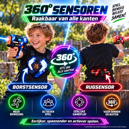 Twee jongens spelen lasergame, één met blauw borstvest, de ander met rood rugvest. Met 360° sensoren, speel binnen en buiten.
