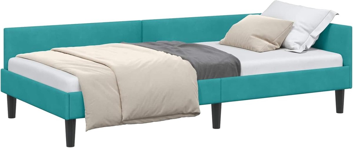 Hoekbedframe, turquoise, 80 x 200 cm, fluweel en ontwikkeld hout, bedframe, tweepersoonsbed/eenpersoonsbed, voor slaapkamer, logeerkamer, slaapzaal, hotel42016142