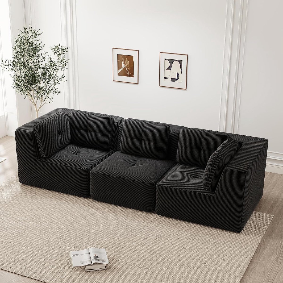 Modulaire 3-zits hoekbank, frameloze corduroy bank, lendensteunend, extra brede armleuningen, antislip en duurzaam, ideaal voor woon- en slaapkamer (zwart, hoeksofa-3S)