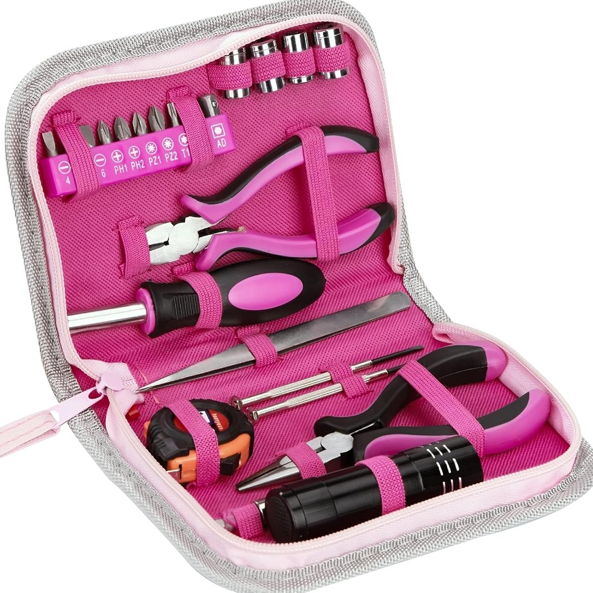 Gereedschapsset voor dames, 23-delig, met meetlint, tangen, doppen, schroevendraaiers, voor doe-het-zelf en reparaties thuis, kantoor (roze)