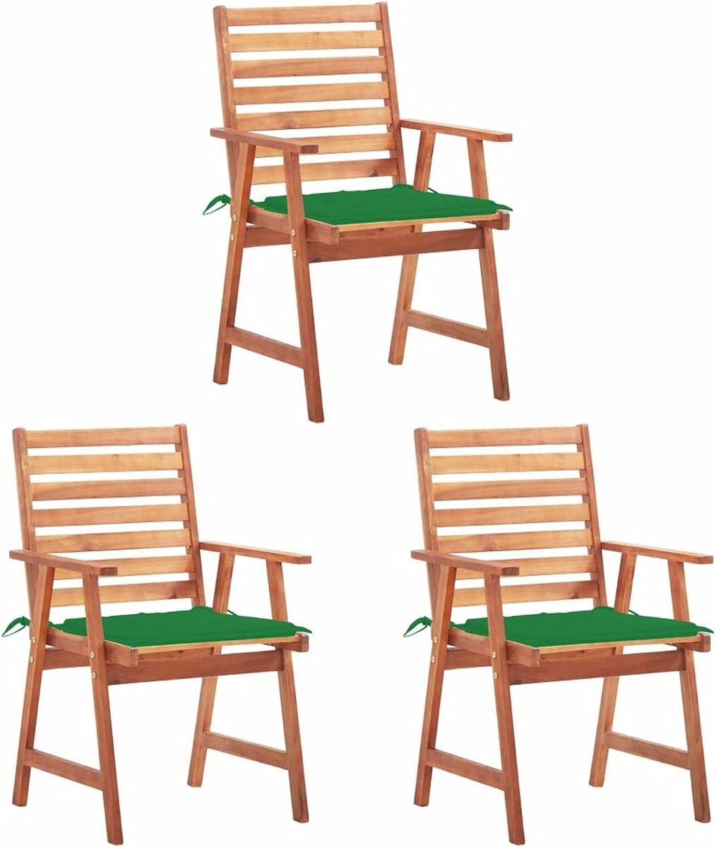 3 stuks tuin-eetstoelen met groen, waterdicht kussen, tuinstoelen, lattendesign, armleuningstoel, rugleuningstoel, tuinmeubelen, balkonstoel, terrasstoel, tuinstoel, massief acacia