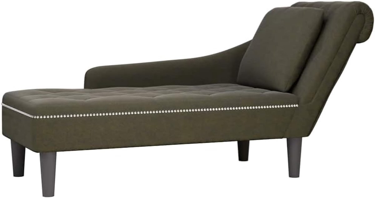 Longue met kussen en rechter armleuning in legergroen kunstleer, zachte Huahua-stof met knoopstiksels, comfortabele chaise longue voor woonkamer en kantoor, lendenkussen