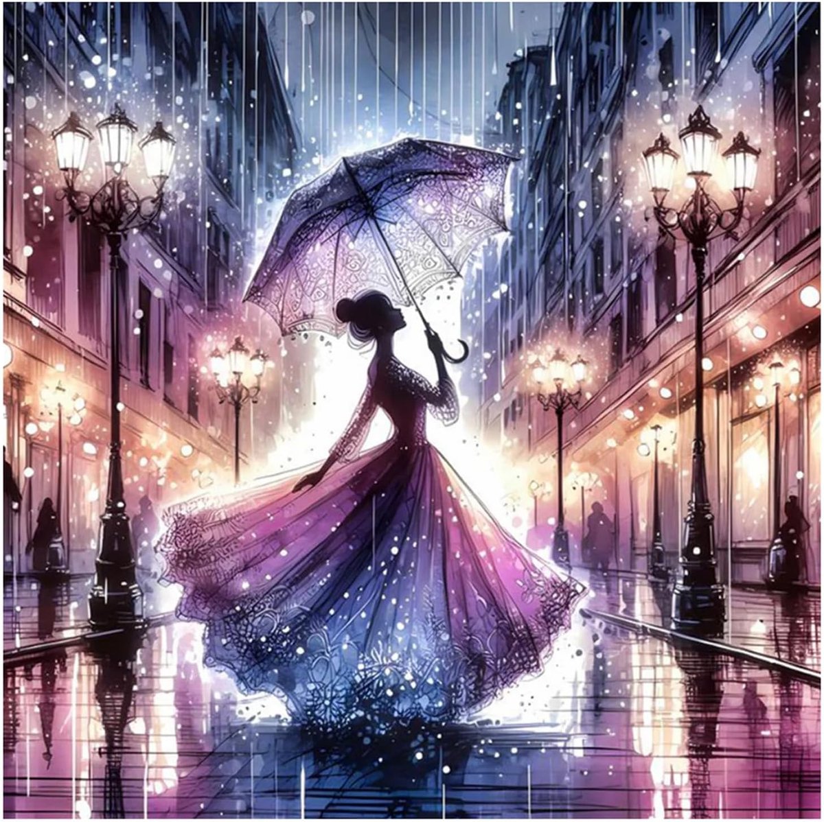 5D diamond painting schilderij, dame danst in de regen, diamantschilderij, geschenken voor volwassenen en beginners, volledige boring, doe-het-zelf diamantkunst, woonwanddecoratie, volledige boring,