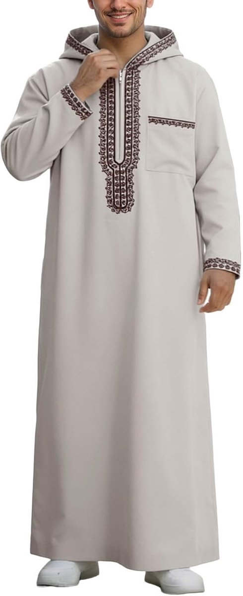 Thobe Kaftan voor heren, moslim, islamitisch gewaad met lange mouwen, Arabisch, Djellaba, Marokkaanse stijl, met capuchon, A9