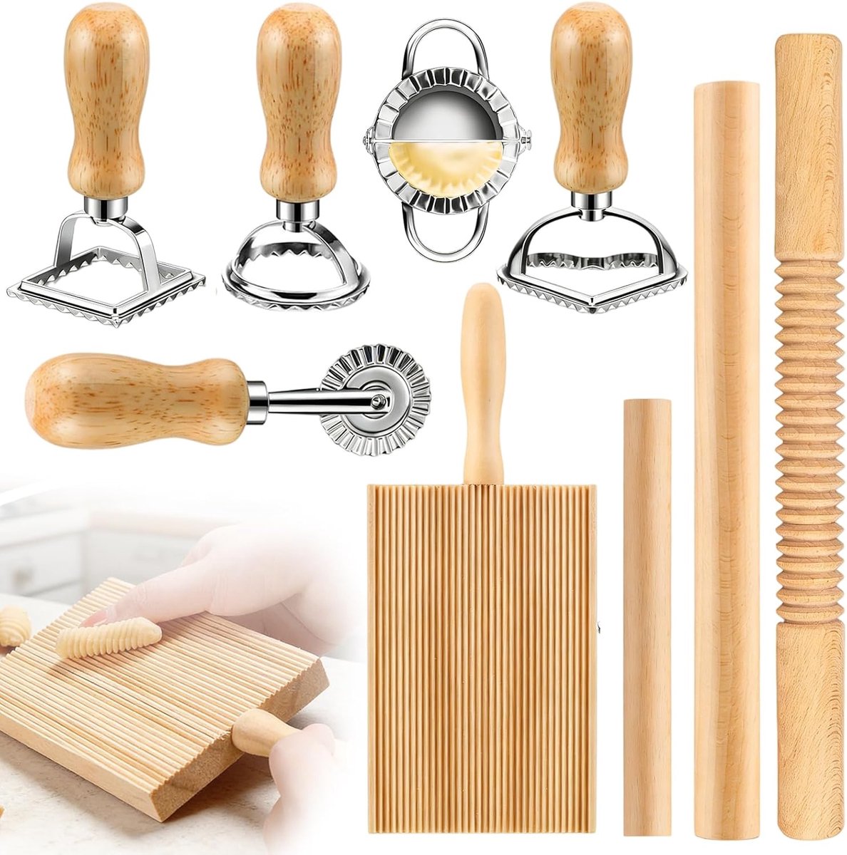 9-delige pastaproductieset: efficiënte pastaproductieset met deegrollers, gnocchiplank, deegsnijder, ravioli-stempel, efficiënt pastaproductie, voor thuiskeuken en bakken