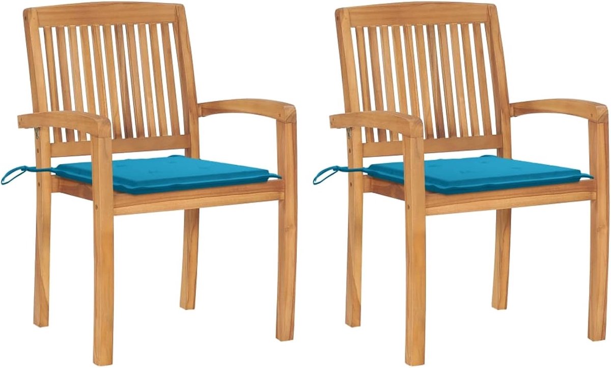 Set van 2 stoelen, fauteuil, eetkamer, tuin, outdoor, terras, met armleuningen, teakhout, 60 x 57,5 x 90 cm, met kussen. Blauw, houten tuinstoel