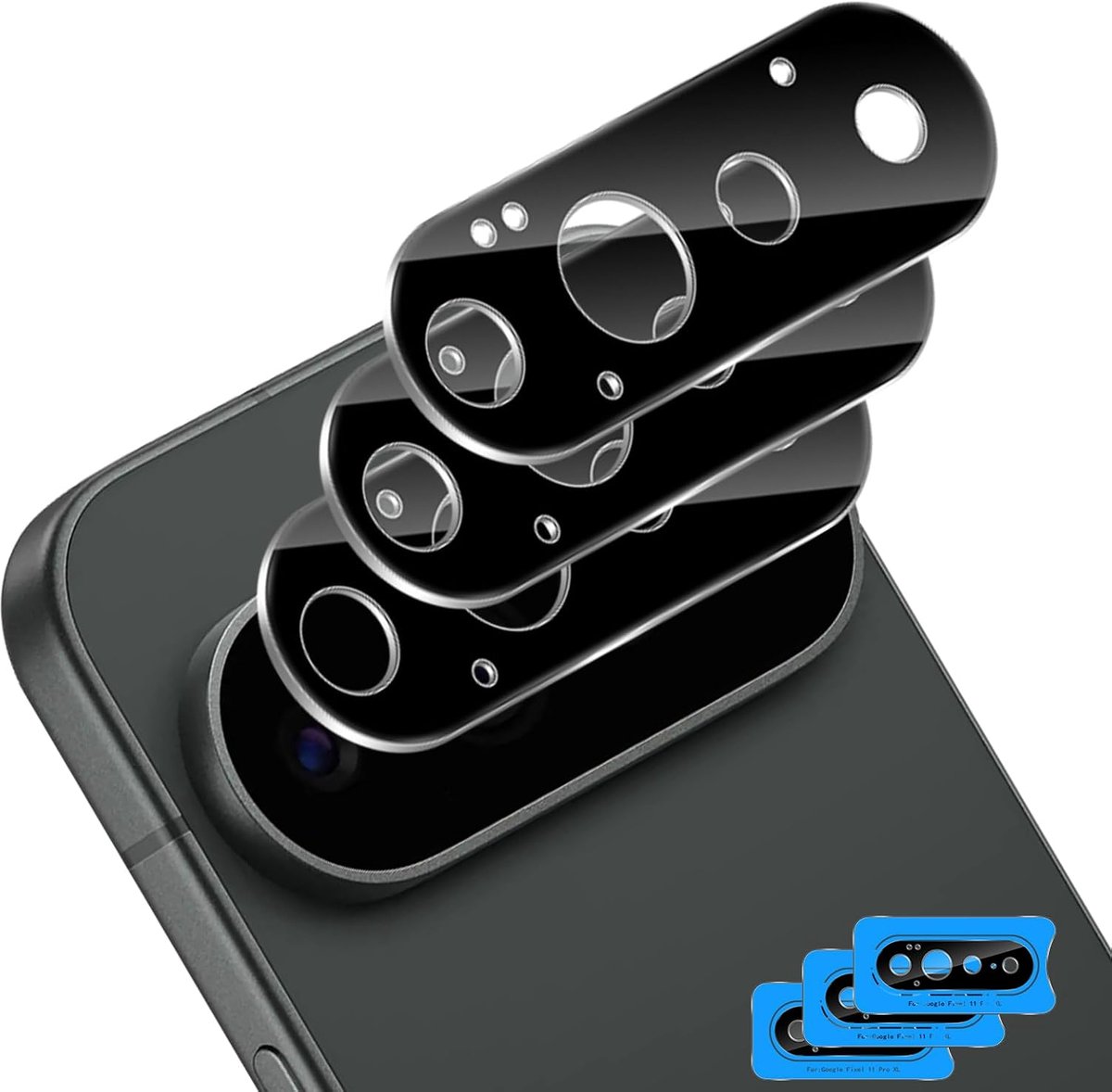 Camerabescherming voor Google Pixel 11 Pro XL 5G voor pantserglas, 3 stuks, anti-kras camerabeschermingsglas, 9H hardheid, luchtbelvrije gehard glasfolie, HD-zeefdruk camerabescherming