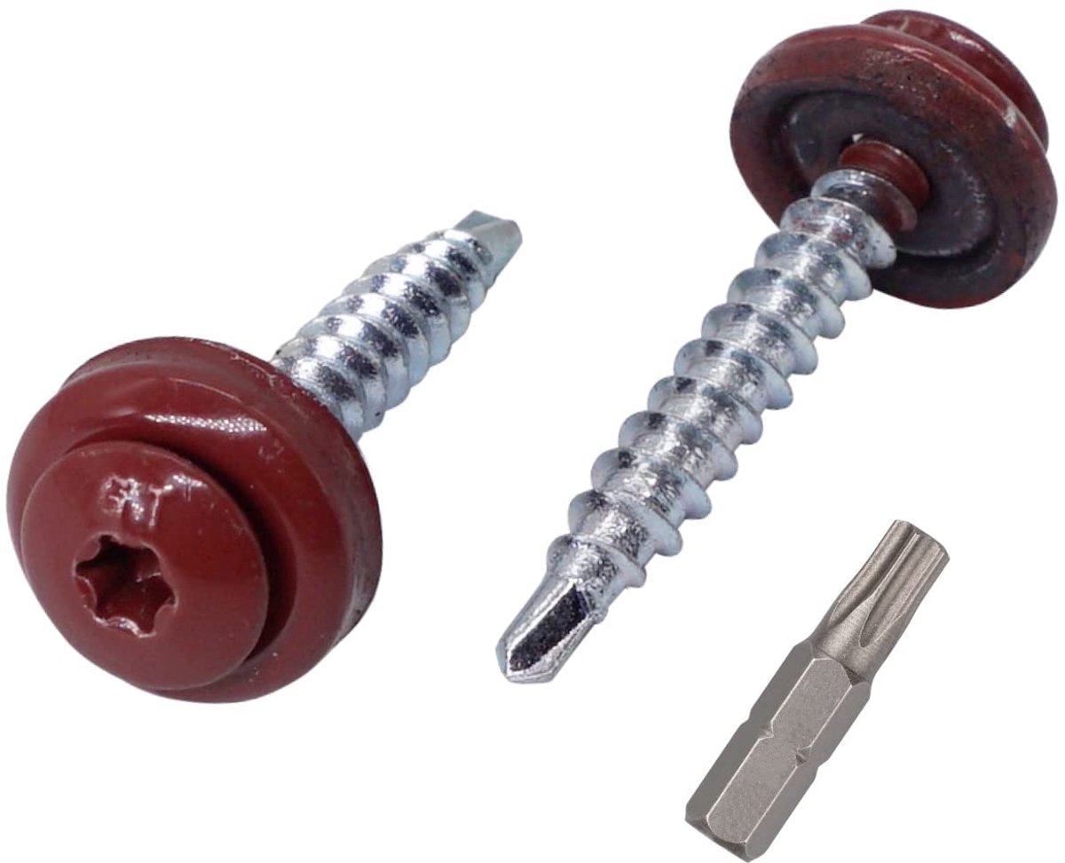 (Pack van 25 stuks) Metalen dakschroeven, 4,8 x 35 mm geschilderde zelfborende schroeven met EPDM-ringen, plaatmetaal Torx-schroef (25, oxide rood RAL 3009)