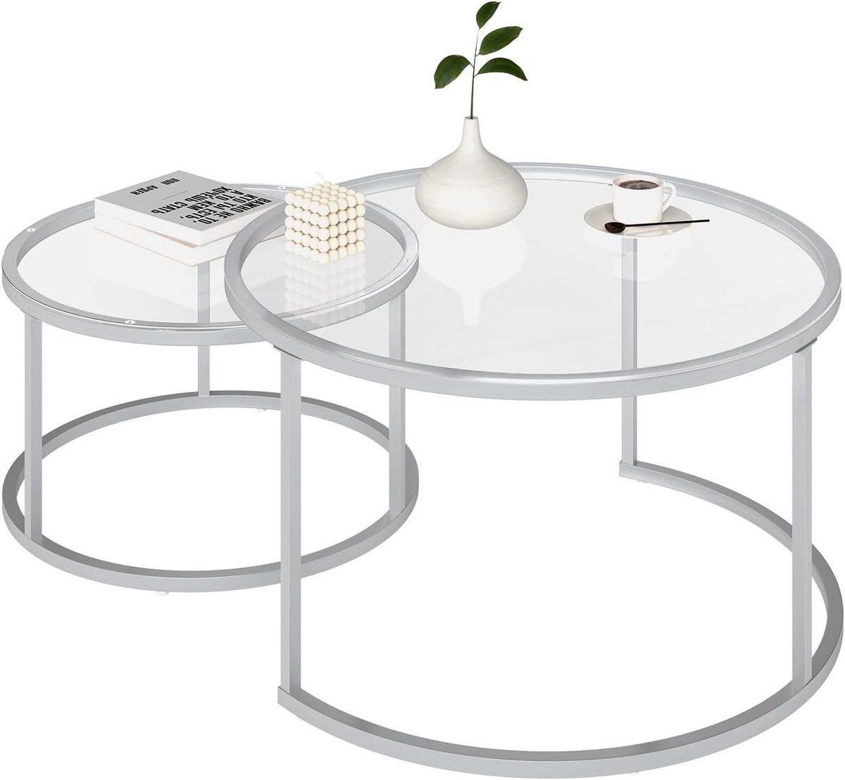 Set van 2 salontafels rond glas zilver, woonkamertafel, rond, 80 x 80 cm, glazen tafel, woonkamer, salontafel, modern, 80 + 60 cm, met zilverkleurige metalen tafelpoten