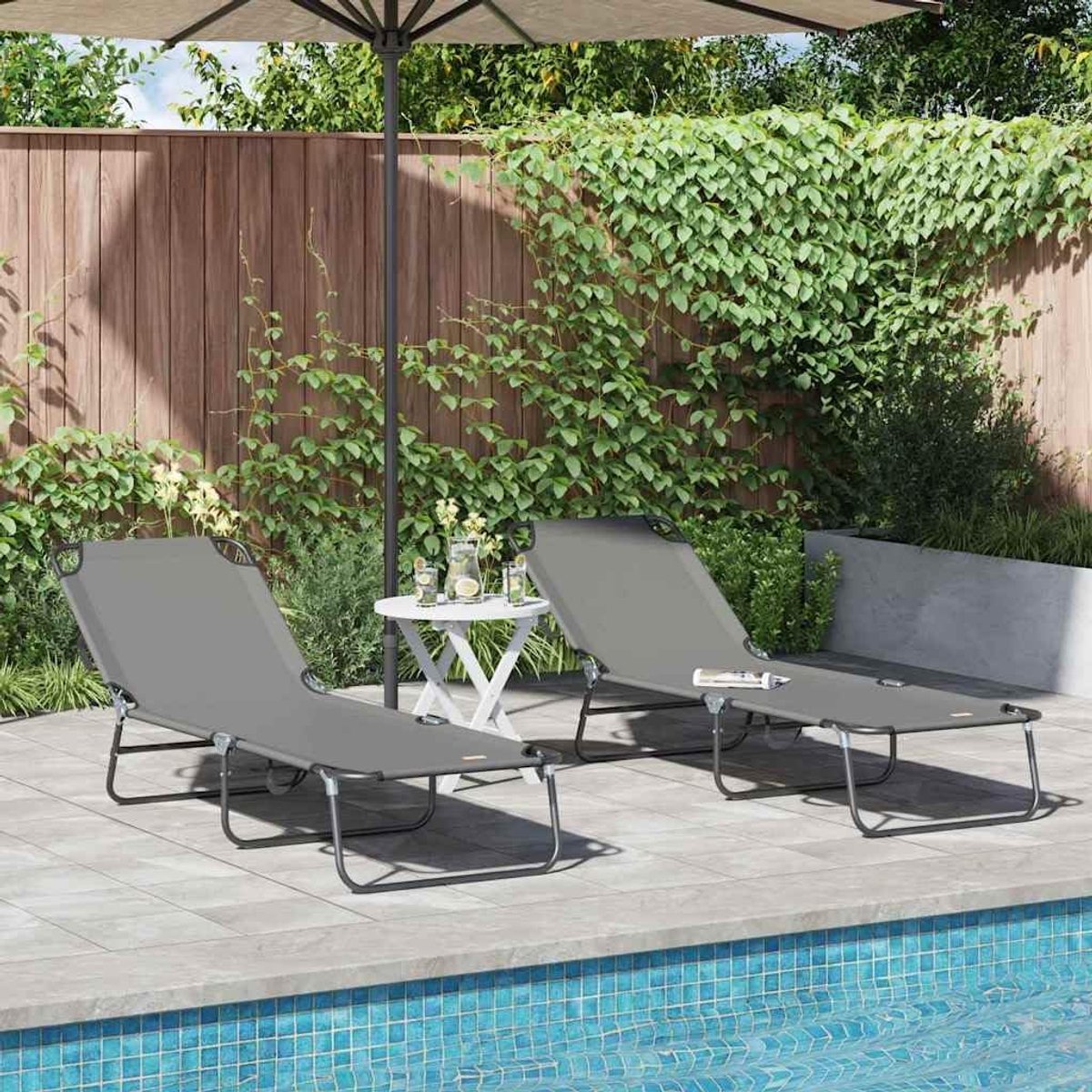 Ligstoel, 2 stuks, grijs, tuinligstoel, zonnebank met verstelbare rugleuning, opvouwbaar, voor terras, tuin, stalen frame, polyester, 188 x 57 x 86,5 cm