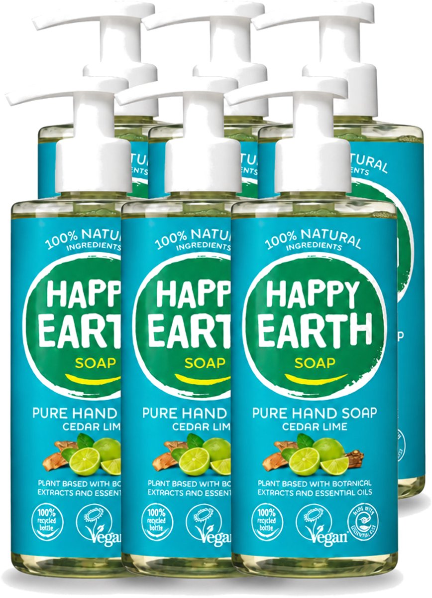 6 x Happy Earth – Handzeep – 100% Natuurlijk Cedar Lime – 300 ml - Voordeelverpakking - 6 stuks