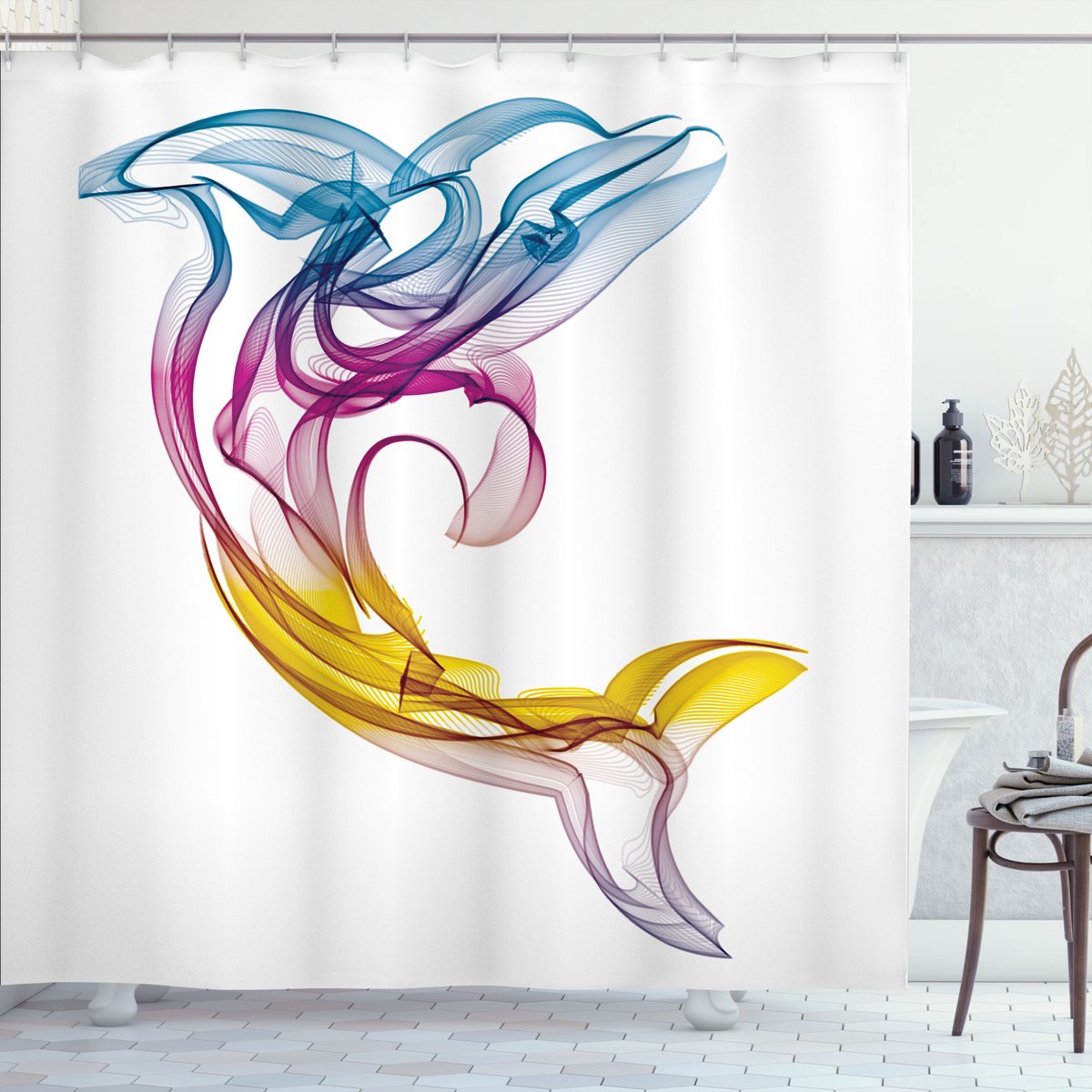 ABAKUHAUS Abstract Douchegordijn, Aquatic Dolphin, Stoffen Badkamerdecoratieset met Haken, 175 x 180 cm, Meerkleurig
