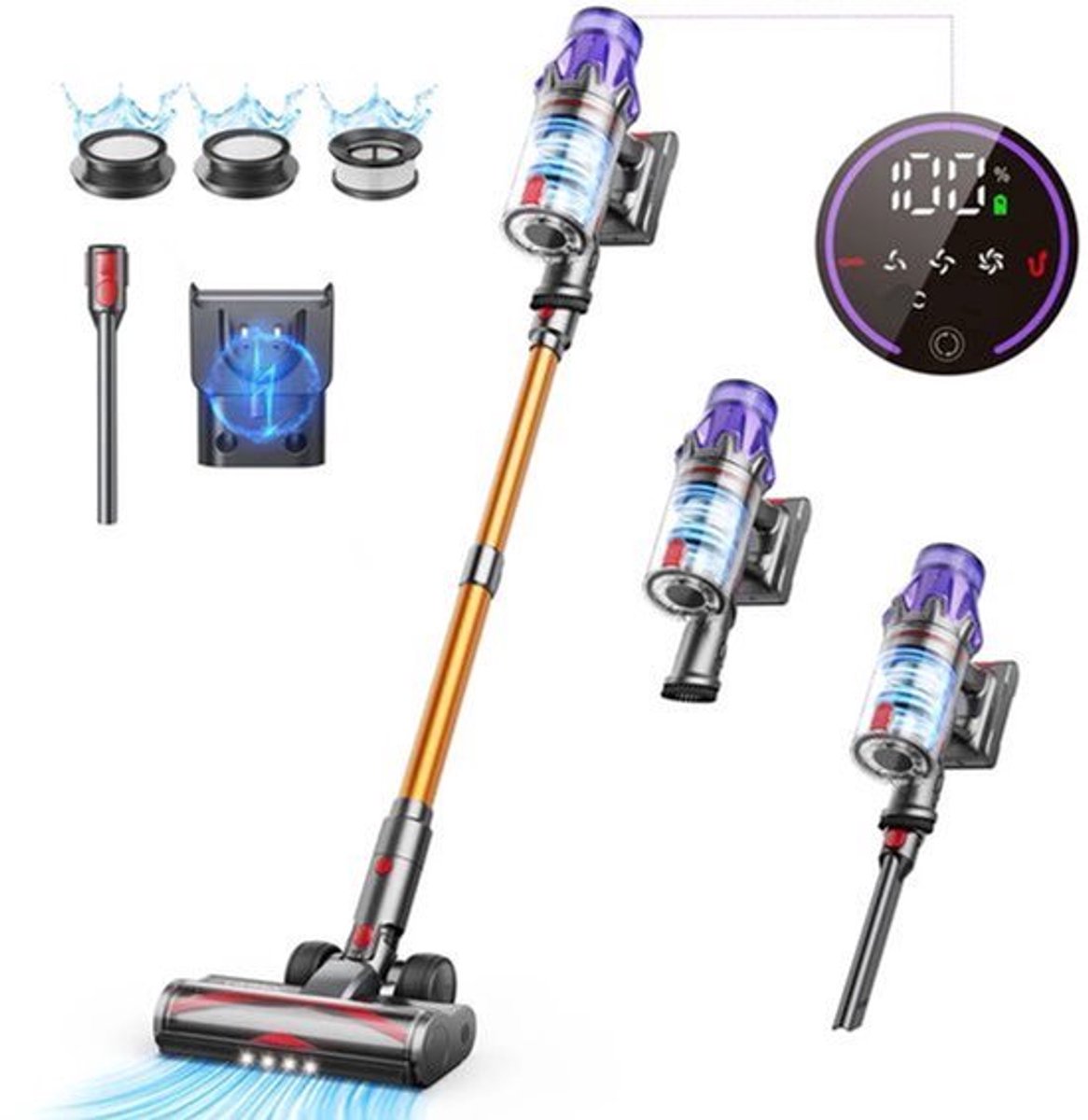 Draadloze Stofzuiger - Wireless - Steelstofzuiger - 500W - Krachtige Zuigkracht - 50KPA - HEPA Filter - 1.2L Stofreservoir - 55 Min Accuduur - LED Touchscreen