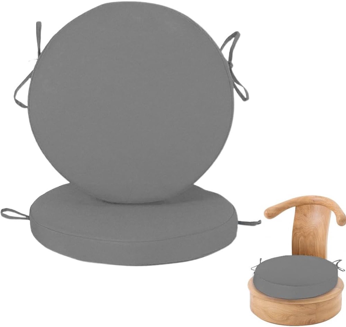 Set van 2 stoelkussens, rond, 40 x 40 x 5 cm, waterdicht, uv-bestendig, zitkussen voor binnen en buiten, schuim met hoge dichtheid, tuinstoel, balkonstoel, zitkussen voor terras en woonkamer, grijs