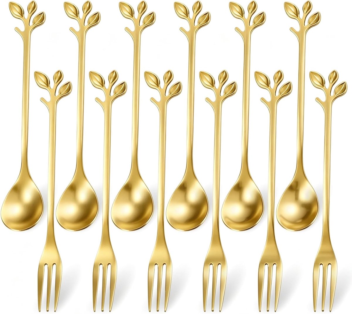 Set van 12 theelepels en taartvorken, bladvormige mini-dessertlepels van roestvrij staal, takken-design, bestek voor afternoon thee, koffie, water en melk, perfect voor feestjes en cadeau (goud)