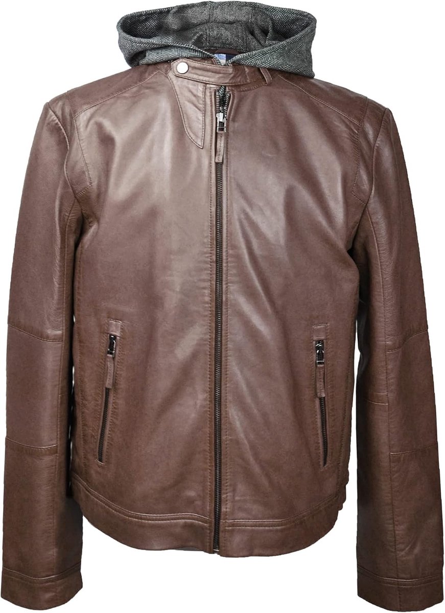 Herenjas, leren jas voor heren, leren jas, herenjas, leren jas, jas met capuchon voor heren, Bruin, XX-Large