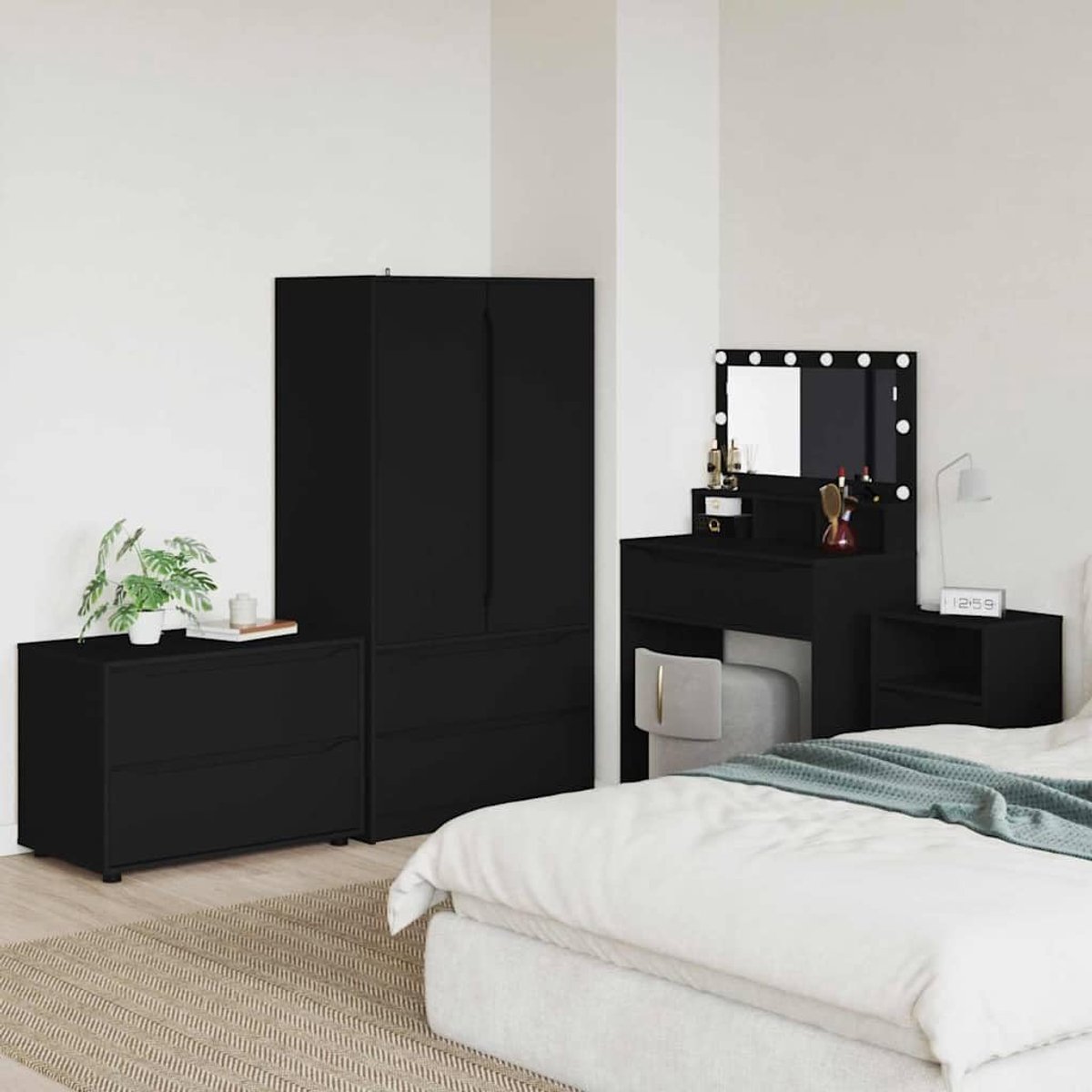 Opbergkast Zwart 80 x 48 x 57 cm Bewerkt hout met Laden, Strakke Opbergkast voor Woonkamer Slaapkamer, Minimalistische Kast met Verstelbare Hoogte en Kogellagers, Stevige Stabiliteit