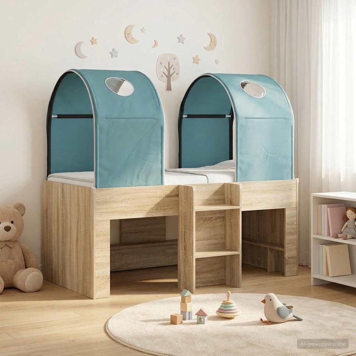 Bed met tunnel, 3 stuks, sonoma en lichtblauw, houtmateriaal, modern design, minimalistische lijnen, stabiel frame, inclusief accessoires voor eigentijdse slaapkamerdecoratie