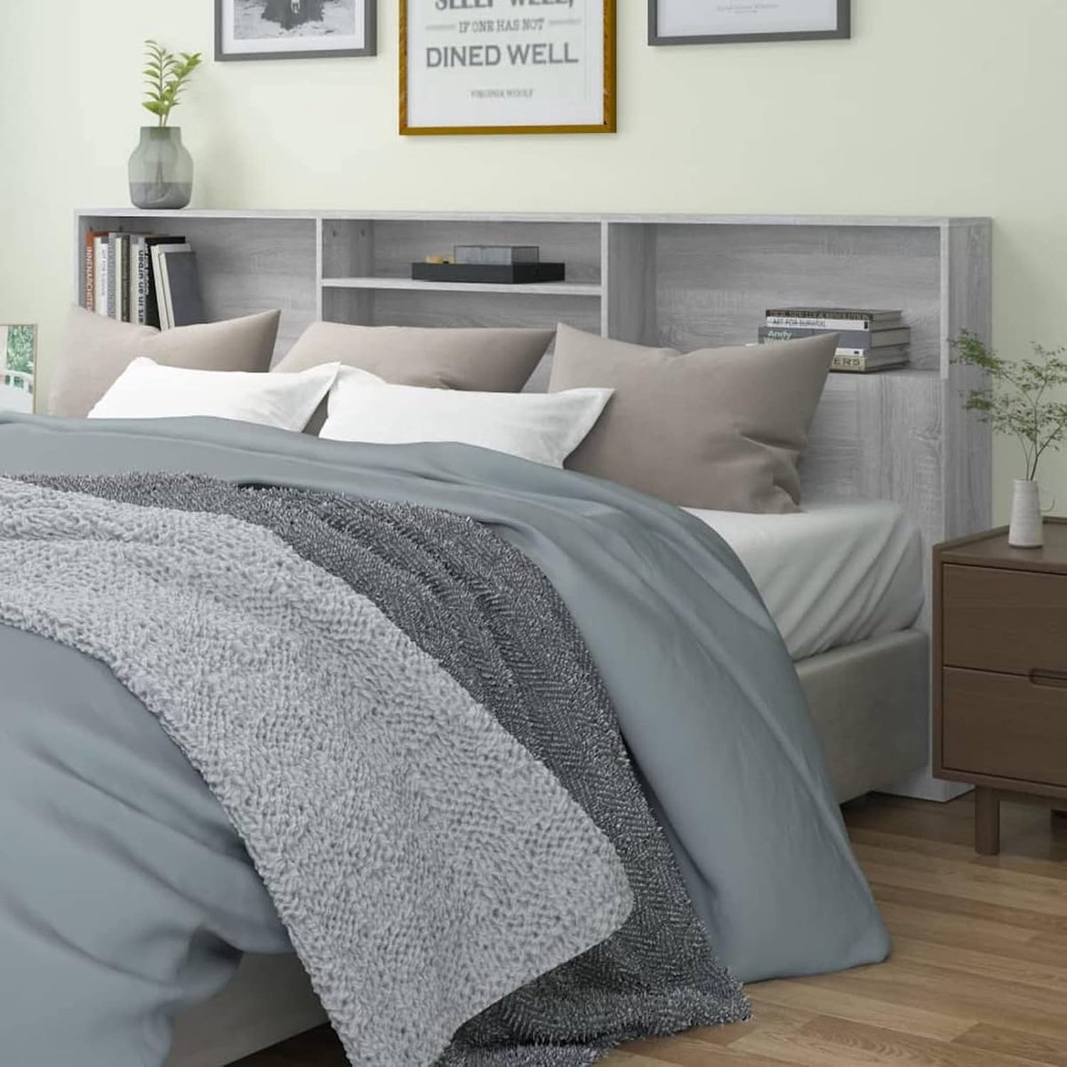 Sonoma Hoofdbordkast, grijs, 220 x 19 x 103,5 cm, wandtechniek, hoofdeinde, boekenkast, Aves, 4 opbergvakken, voor slaapkamer en logeerkamer