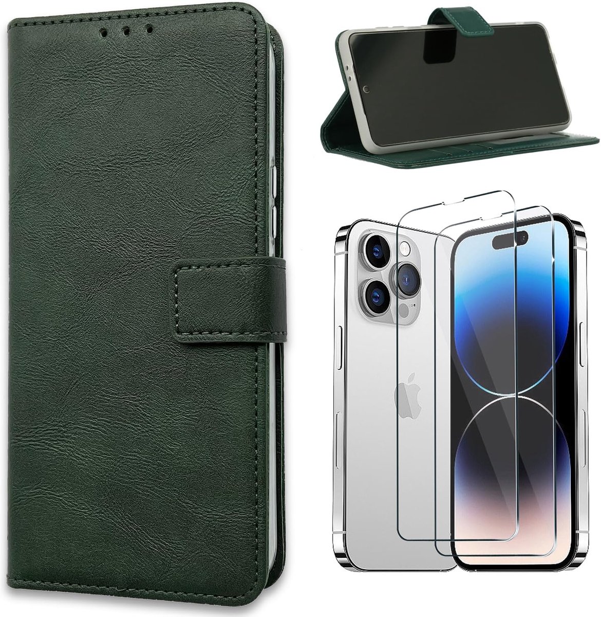 Hoesje en Glas Compatibel met Apple iPhone 15 Plus, Groen, Portemonnee Book Case, Kaarthouder & Magneetlipje + 2x Glazen Screenprotectors