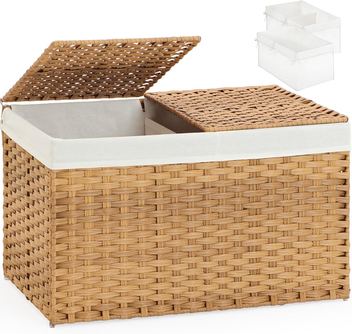 65L rieten opbergmand met 2 aparte deksels, handgeweven rotan rieten opbergkoffer met 2 verwijderbare voering, rotan geweven opbergdoos met handgrepen, voor slaapkamer, wasruimte (natuurlijk, 65L
