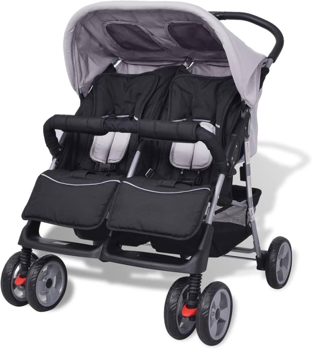 Dubbele kinderwagen voor baby's en peuters, grijs-zwart staal