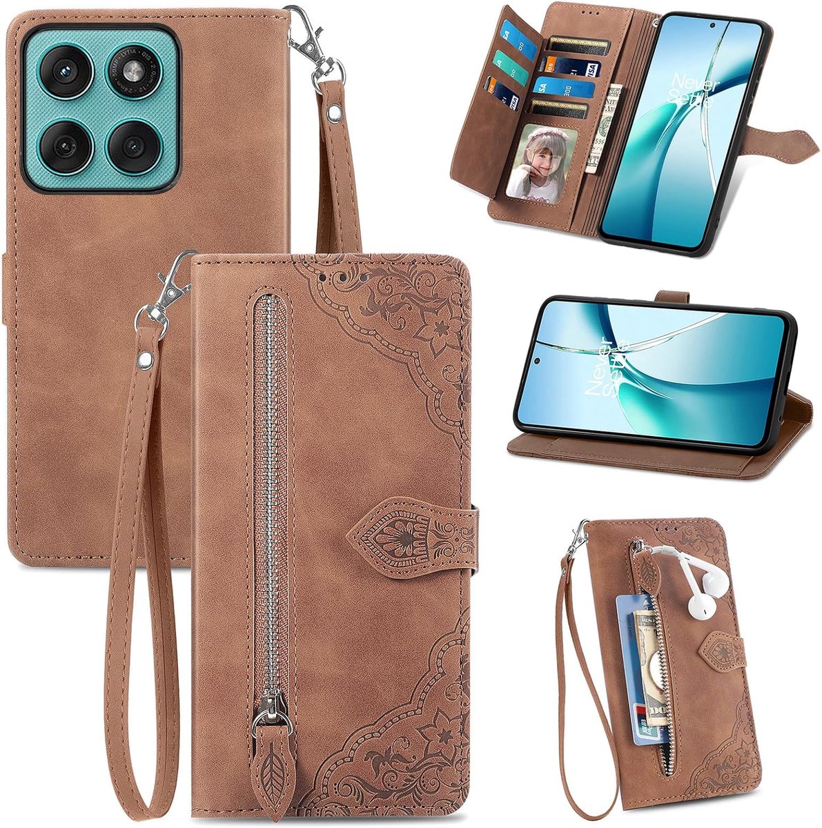 Hoesje voor Motorola Edge 60 Fusion, lederen portemonnee flip book hoesje met kaarthouder, standaard en handband, mooie bloem schokbestendig hoesje voor Motorola Edge 60 Fusion, bruin