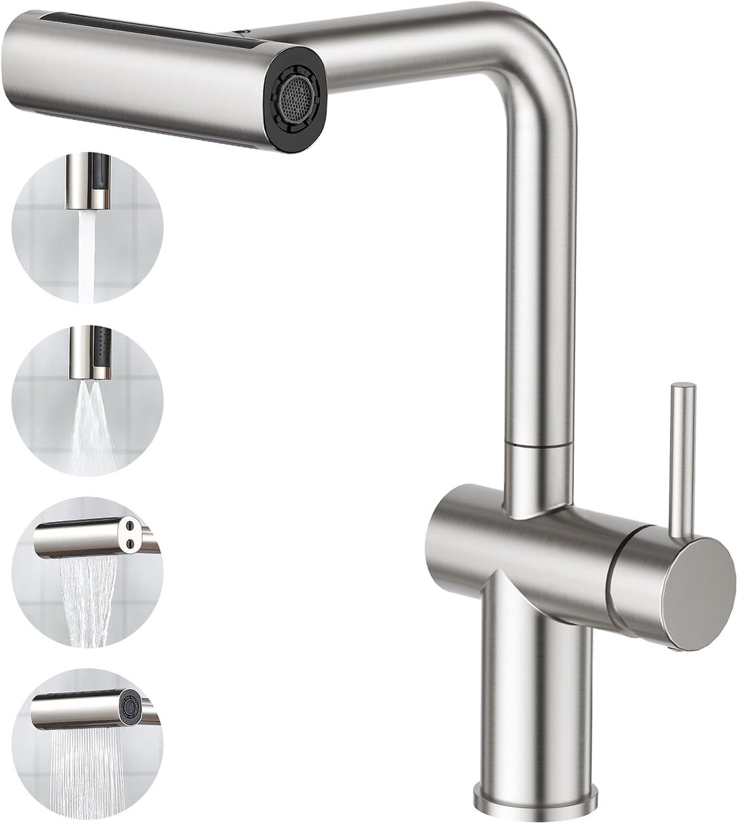 Keukenkraan met 4-waterstraalsoorten-sproeier Uittrekbaar, eenhendelmengkraan Armatuur Waterkraan Keuken Waterval, wastafelkraan Mengkraan Keuken