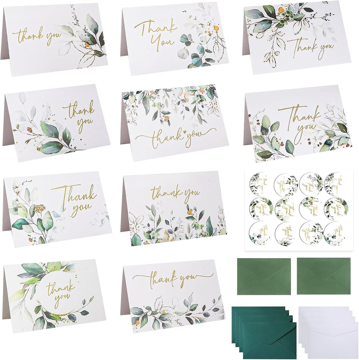 Bedankkaarten, set van 10, bedankkaart met envelopsticker, eucalyptus