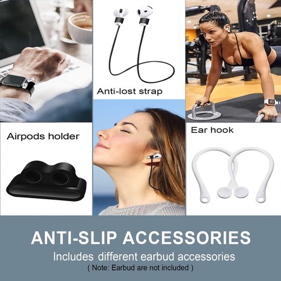 Beschermhoes voor AirPods 4e generatie (2024): AIYAAIYA 8 in 1 accessoireset voor AirPods met Apple Watch houder/sleutelhanger/anti verlieskoord/riem/oordophaakjes (Zwart) — afbeelding 2