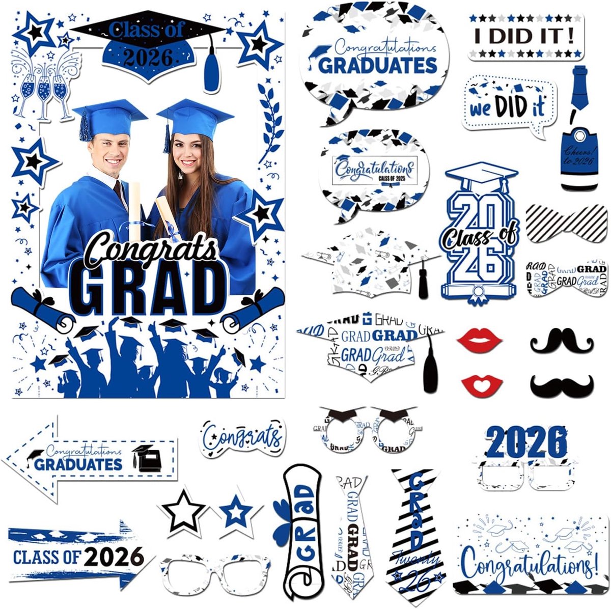 26 stuks afstudeerfeest decoratie 2026, blauw party fotobooth rekwisieten, afstudeerbril & fotolijst voor afstuderen