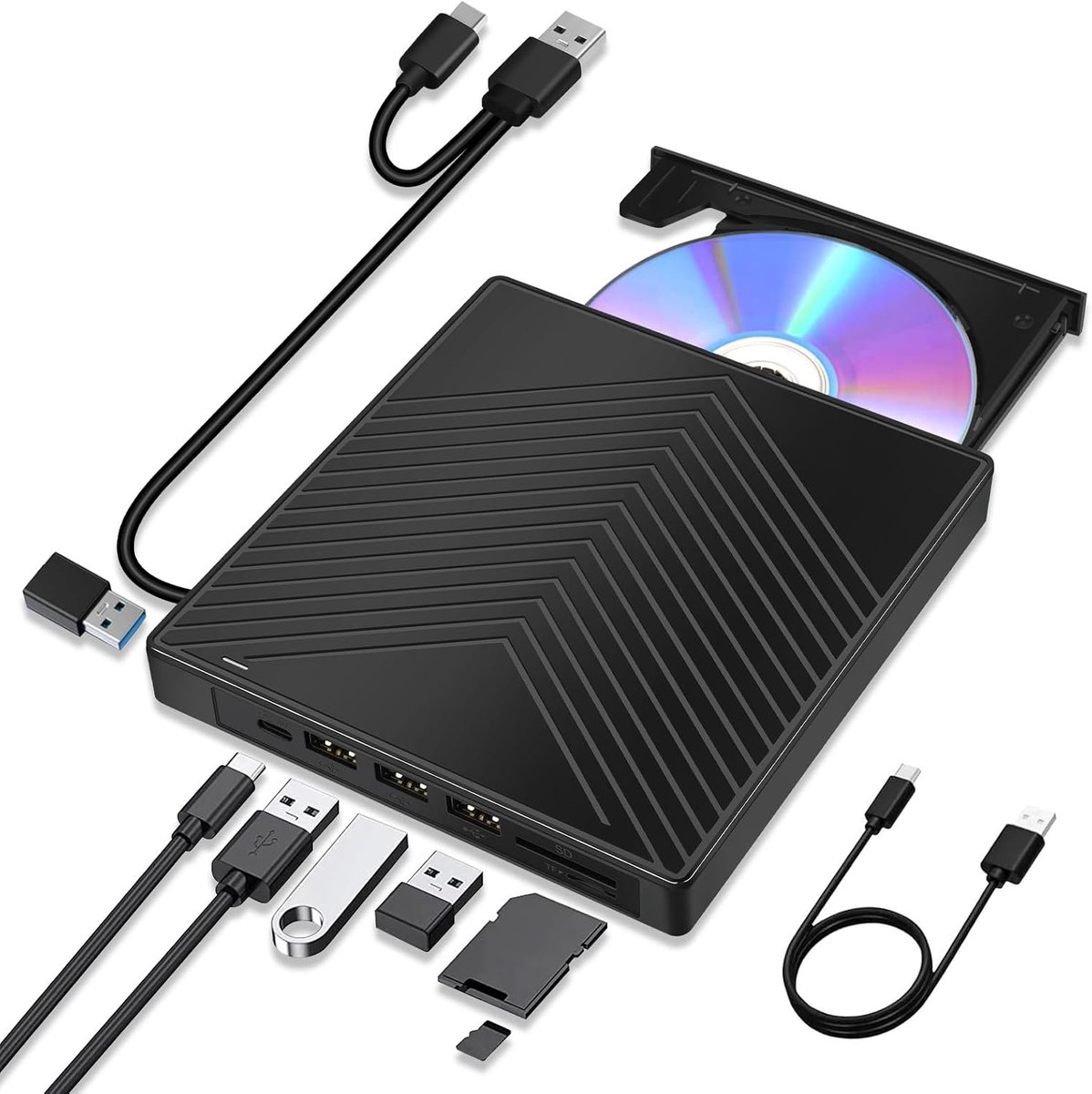 Cd/dvd-drive USB 3.0 & Type-C, draagbare CD-DVD +/-RW ROM drive lezer brander rewriter met SD/TF, 4 USB & USB-C poort, voor laptop PC Windows 11 10 8 7 XP, Linux, Mac OS