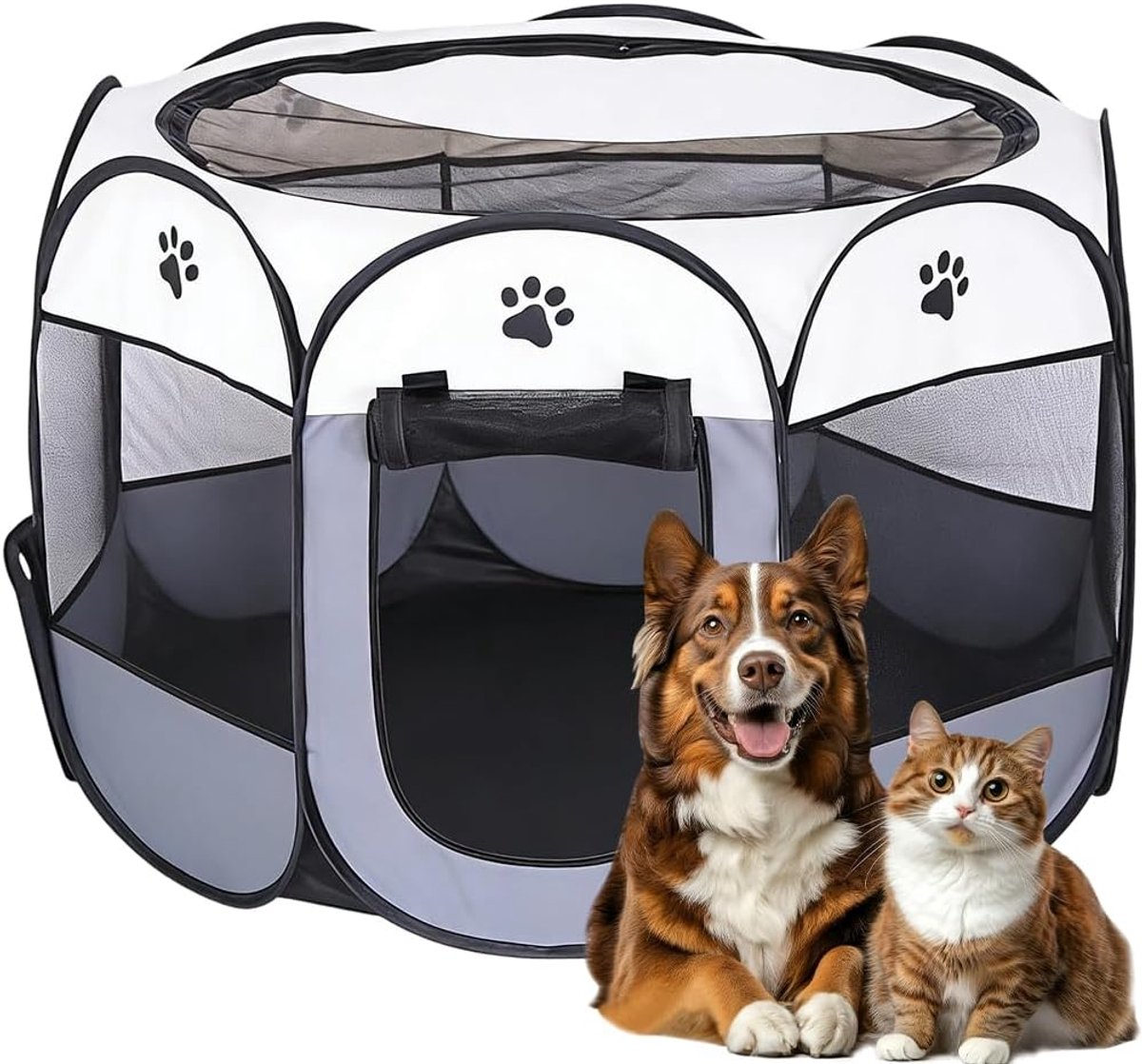 Opvouwbare hondenren voor woning, kattenverblijf, konijnenren binnen, voor hondenbox, katten, hazen en kleine dieren, zowel binnen als buiten (grijs, S, pootmotief)