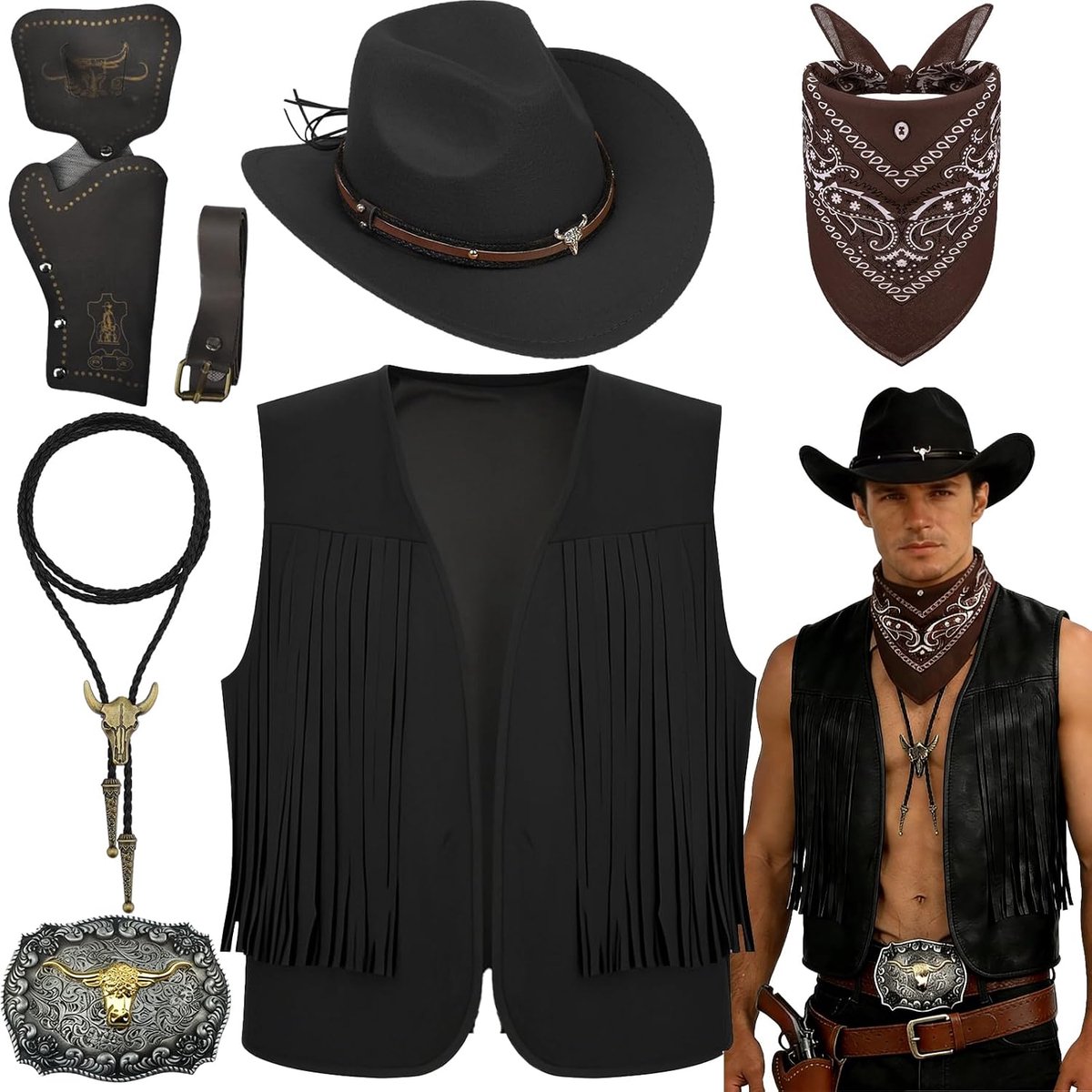 7-delige cowboy fancy dress accessoireset voor heren, western cowboykostuum met hoed, kwastenvest, paisley, bandana, western, bolo-gesp, riem, holster voor carnaval, fancy cosplay