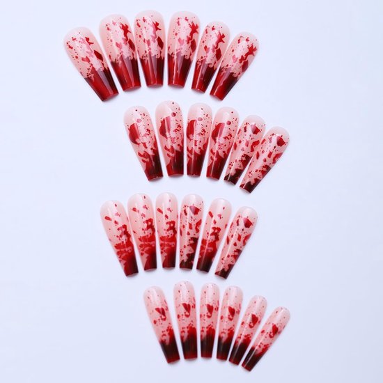 Kunstnagels, Ballerina, Halloween, rood, bloed, Franse horror, creepy vampier, Bloody design, Coffin kunstnagels met nagellijm, rode tips, Scary Vakantie Kunstnagels — afbeelding 4