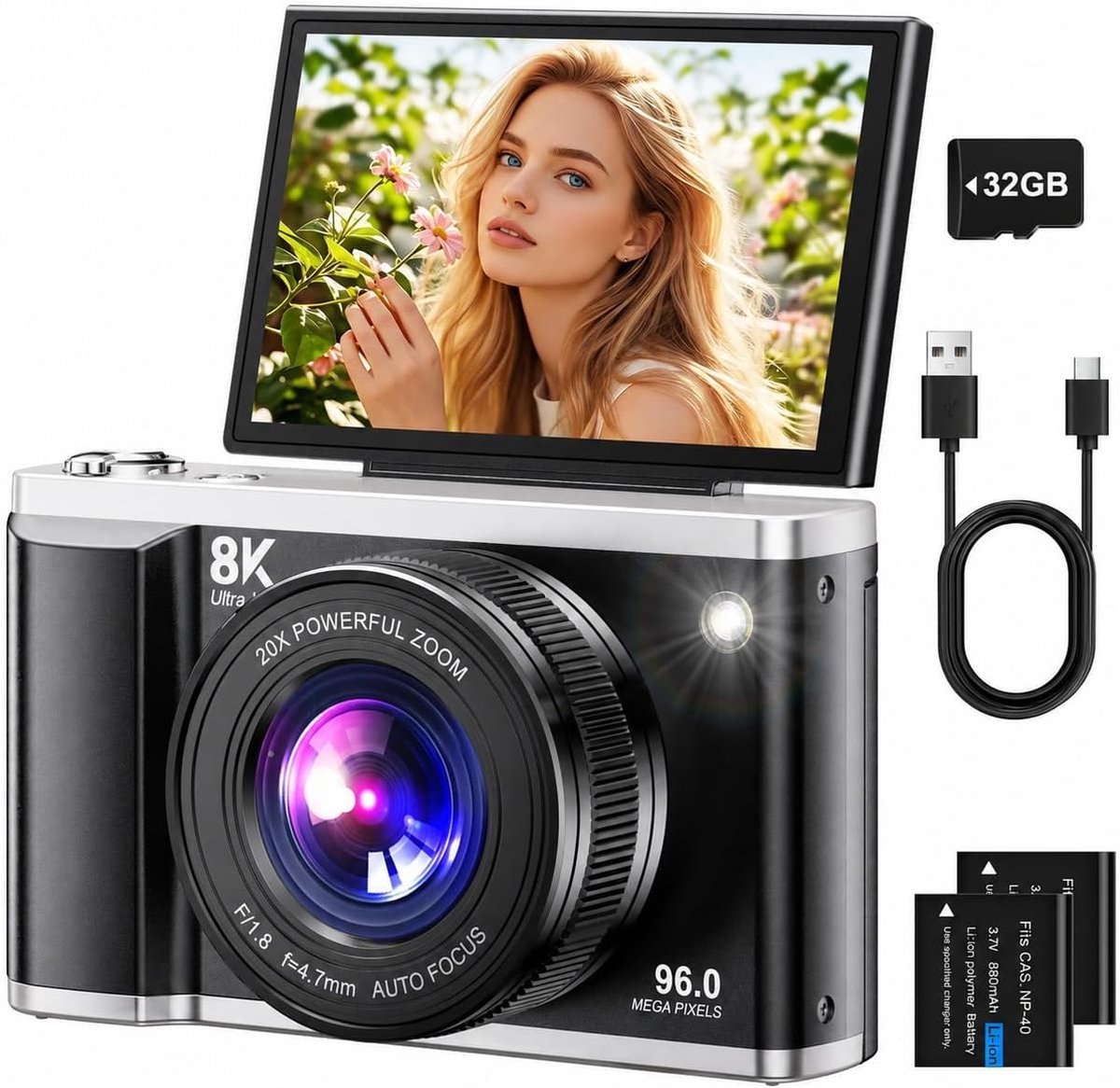 Camera 8K 96MP met wifi, 20x digitale zoom, autofocus-fotocamera met anti-shake, 3,5 inch 180° klapdisplay, compacte camera met 32GB SD-kaart en 2 accu's, voor jongeren, volwassenen en