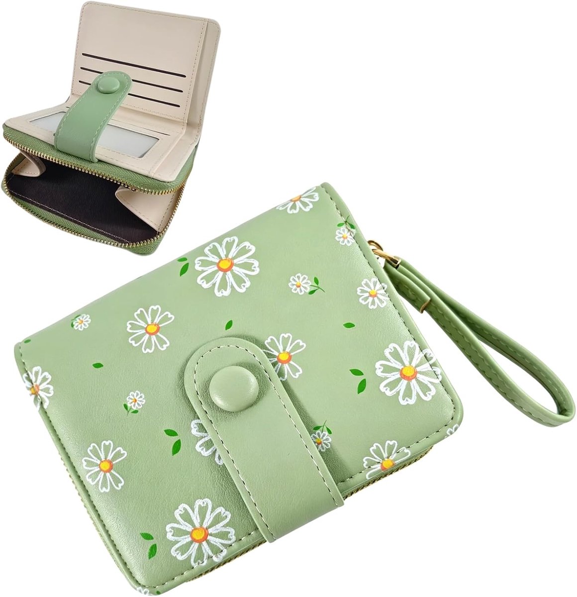 Girl with chrysanthemum printing, zipper coin bag, artificial PU youth wallet for 7-18 years old, small wallet with card flow and wristband, ideal gift for teenagers